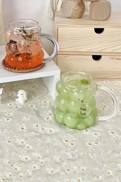 Madamev 350ml Heat Resistant Borosilicate Cup - 2 Pieces with Handles, Bead Shaped Coffee Presentation Cup