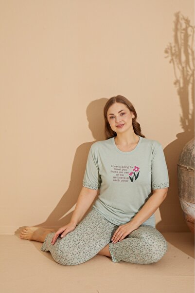 makkash Green Heart Printed Large Size Cotton Women's Pajama Set - Oversize Long
