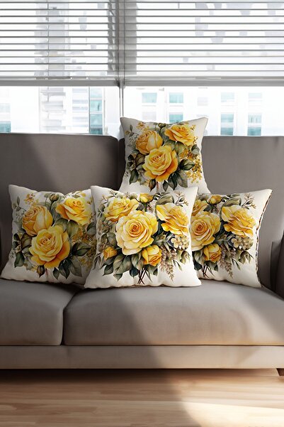 Şah Dekor Κίτρινο μοτίβο λουλουδιών - Ψηφιακή εκτύπωση 4 τεμαχίων ριχτάρι μαξ...