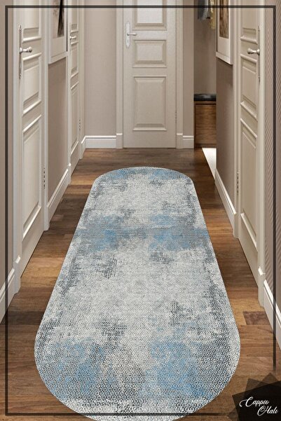 CAPPİO HALI Mavi-gri Kanvas Desenli Oval Halı (MAKİNADA YIKANABİLİR KAYMAZ TA...