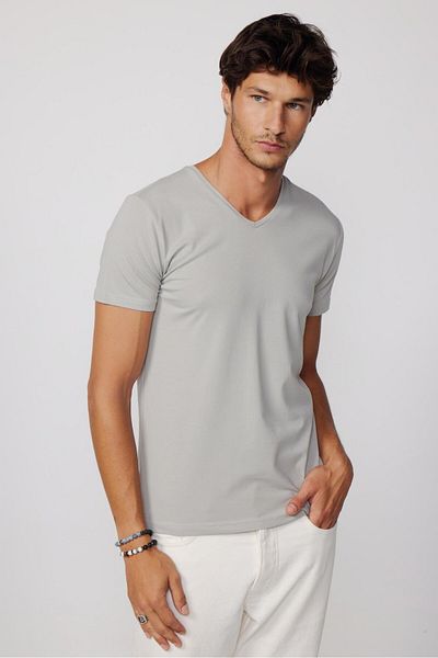 Tudors Ανδρικό T-shirt Slim Fit Slim Fit Βαμβακερή απαλή υφή Lycra Ευέλικτο ύφασμα Απλό Basic γκρι μπλουζάκι με λαιμόκοψη