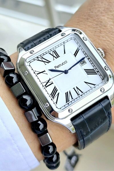 Ferrucci Men's Wristwatch - 2 Years Warranty, Leather Band, Steel Case, 3 ATM Waterproof, Bracelet Gift