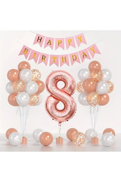 Konsept Sepeti Σετ μπαλονιών 8 ετών Rosegold Happy Birthday - White Confetti Banner (ΜΕ ΔΩΡΟ ΜΠΑΛΟΝΙ)