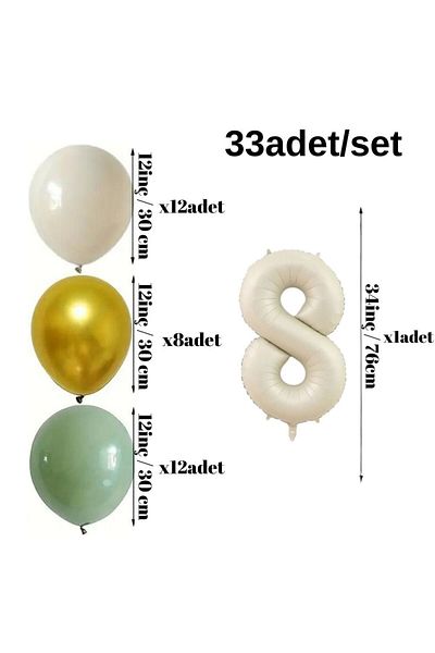 Konsept Sepeti Σετ ρετρό μπαλόνι 8 Years Mold Green - Chrome Gold, Sea Sand, Happy Birthday Banner (ΜΕ ΔΩΡΟ ΜΠΑΛΟΝΙ ΜΠΑΝΤΑ)