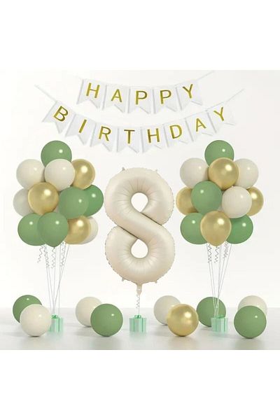 Konsept Sepeti Σετ ρετρό μπαλόνι 8 Years Mold Green - Chrome Gold, Sea Sand, Happy Birthday Banner (ΜΕ ΔΩΡΟ ΜΠΑΛΟΝΙ ΜΠΑΝΤΑ)