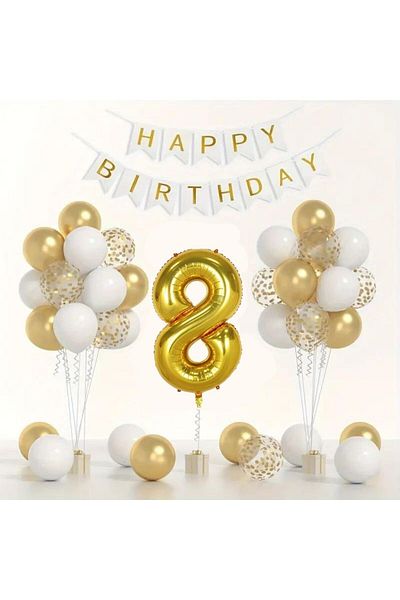 Konsept Sepeti 8 Year Old White Balloon Set - Happy Birthday Banner with Gold Chrome Confetti (WITH BALLON BAND GIFT)