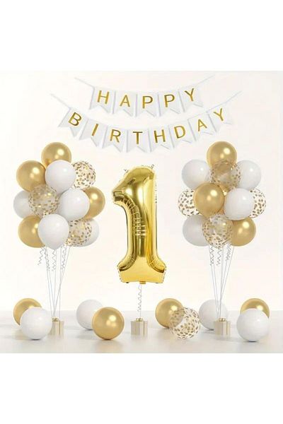 Konsept Sepeti 1 Year Old White Balloon Set - Gold Chrome Confetti, Happy Birthday Banner (WITH BALLON BAND GIFT)