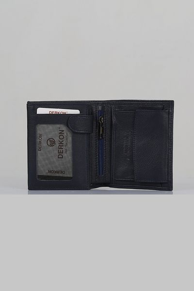 DERKON Navy Blue Men's Wallet - Genuine Leather, with Additional Zipper