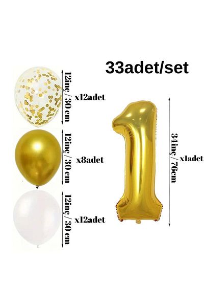 Konsept Sepeti 1 Year Old White Balloon Set - Gold Chrome Confetti, Happy Birthday Banner (WITH BALLON BAND GIFT)