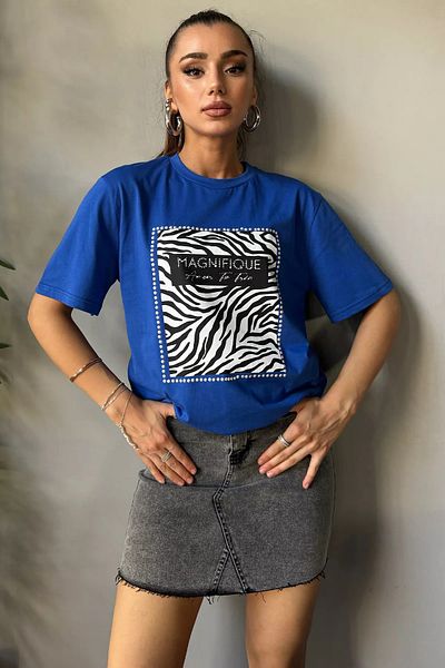 GÜLSELİ Tricou de damă cu imprimeu albastru Saks - Decolteu