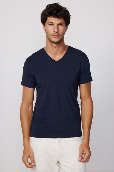 Tudors Ανδρικό Slim Fit Slim Fit Βαμβακερό μαλακή υφή Lycra Stretch ύφασμα Απλό Basic Navy Blue με λαιμόκοψη
