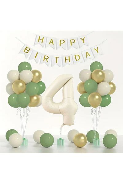 Konsept Sepeti 4 Years Old Retro Mold Green Chrome Gold Balloon Set - Happy Birthday Banner (WITH BALLON BAND GIFT)