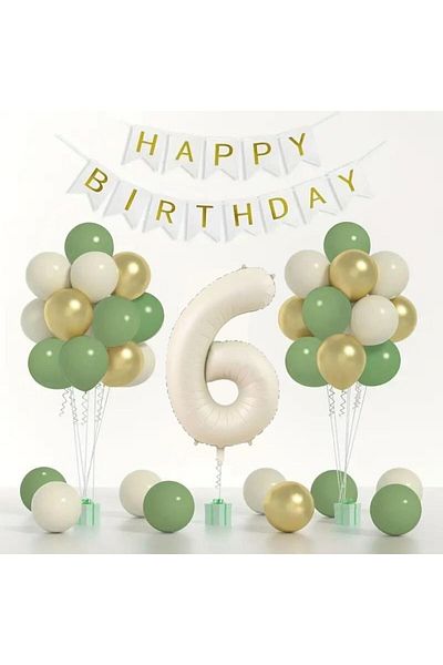 Konsept Sepeti Σετ μπαλονιών 6 ετών Retro Mold Green Chrome Gold - Happy Birthday Banner (ΜΕ ΔΩΡΟ BALLOON BAND)