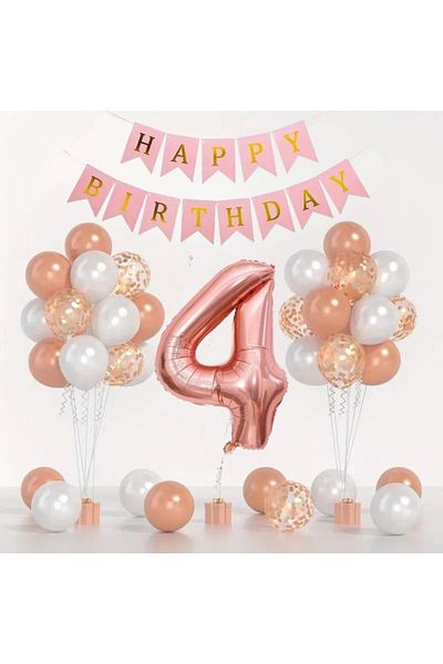 Konsept Sepeti Σετ μπαλόνι Rosegold 4 ετών - Πανό Happy Birthday με λευκό καφέ (ΔΩΡΟ BALLOON BAND)