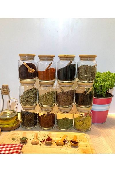 Karçiçeği Home 300 Ml 12-Piece Spice Set with 111 Labels, Vacuum Lid and Spoon