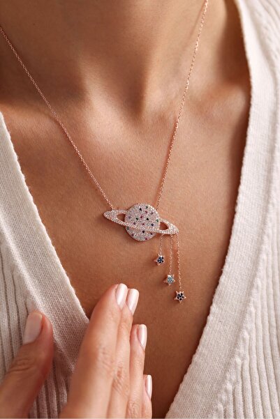 Nereze 925 Ayar Gümüş Rose Kaplama Sallantı Yıldızlı Gezegen Kolye