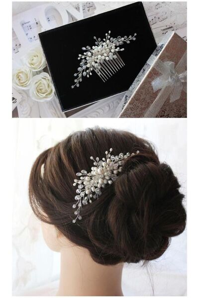 ACAR AKSESUAR Taraklı Incili Kristal Toka (düğün Nişan Söz Kına Nikah Topuz T...