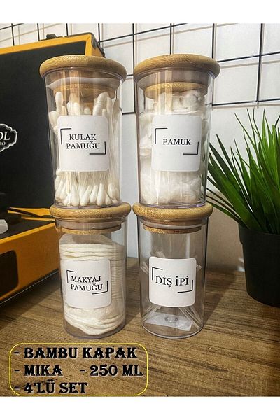 Karçiçeği Home 4-Piece Acrylic Dental Floss & Cotton Bud & Make-up Cotton Bathroom Set with Bamboo Cover 250 Ml