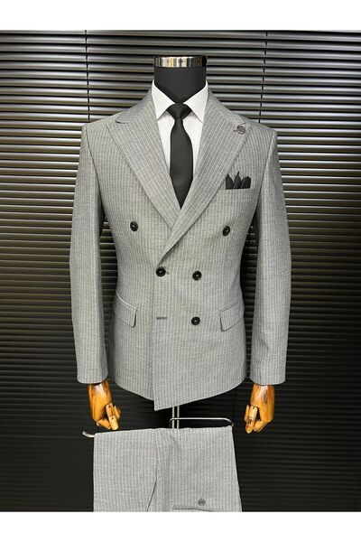 terzi ayhan açık gri slim fit çizgili kemik düğme kruvaze