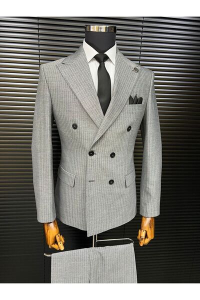 terzi ayhan açık gri slim fit çizgili kemik düğme kruvaze