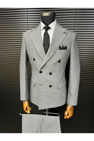 terzi ayhan açık gri slim fit çizgili kemik düğme kruvaze