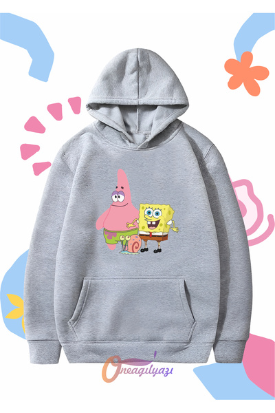oneagılyazı سويت شيرت للأطفال للجنسين - طباعة سبونج بوب، مقاس كبير بغطاء للرأس