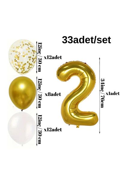 Konsept Sepeti 2 Year Old White Balloon Set - Happy Birthday Banner with Gold Chrome Confetti (WITH BALLON BAND GIFT)