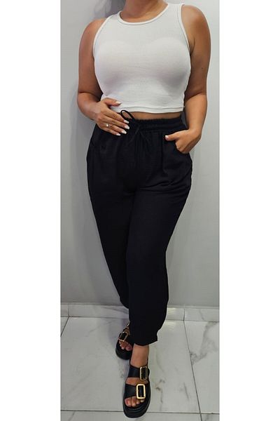 Butik Nilyam Linen Baggy Trousers - Plus Size, Elastic Waist, Lace Detailed, Black 24137