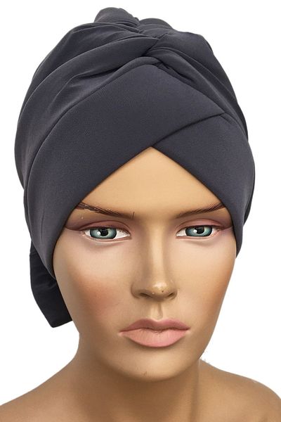 Vera Bone Mihrace Ready Turban Dark Gray Cross Banded Lined Padded Bow Reversible Hijab Bonnet