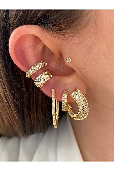 Pinery Jewels 2 Sıra Zirkon Taşlı Kadın Earcuff Kıkırdak Küpe