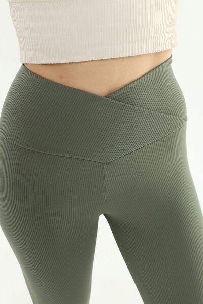 VOSSAX Women's Khaki High Waist Ribbed Interlock Knitted Cross Waist Leggings