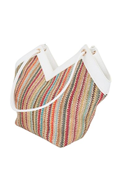 Aksesuar Ψάθινη τσάντα. Λευκή τσάντα. Πολύχρωμη τσάντα. Τσάντα χειρός και ώμου. Ry273