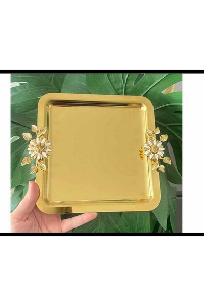 atabey home collection 6 قطع من صينية القهوة والشاي والعرض، صينية ذهبية من الفولاذ، موديل البابونج