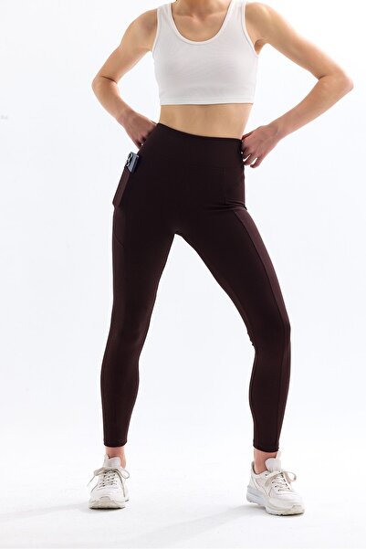 VOSSAX Brown Women's Sports Leggings with High Waist and Ribbed Pockets