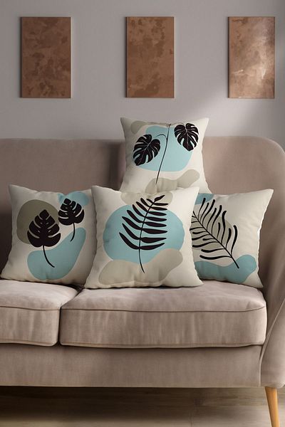 Şah Dekor Flat Art Design, stil boem, model de frunze, 4 piese, husă de pernă imprimată digital în culori albastre crem