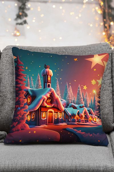 Şah Dekor New Year's Themed Deer Patterned Blue Red Digital Printed Sofa Cushion - Pillow Case