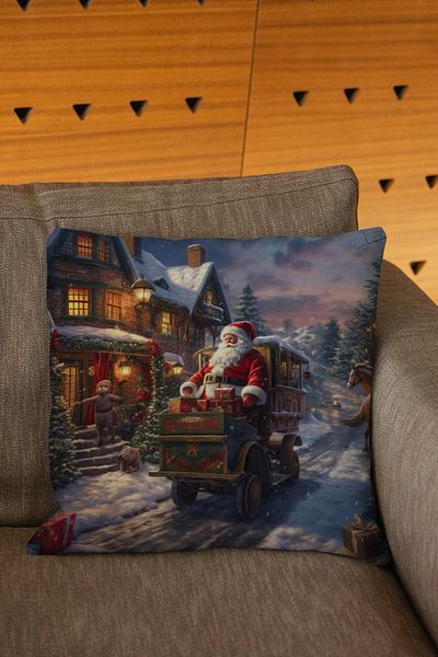 Şah Dekor Christmas Themed Santa Claus and Sleigh Patterned Red and White Colored Digital Printed Throw Pillow Cover