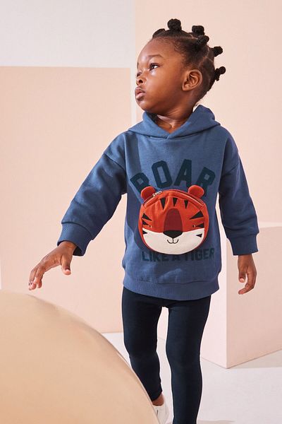 Next Baby Cotton Blue Tiger Pattern Long Sleeve Bag Hooded Bottom Top Set