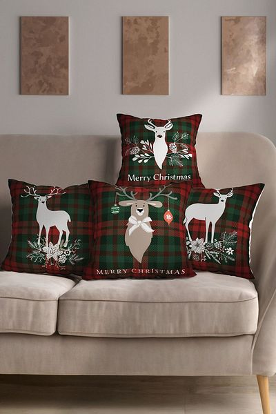 Şah Dekor New Year's Themed Deer Figured Plaid Background Red Colored 4-Piece Digital Printed Throw Pillow Cover