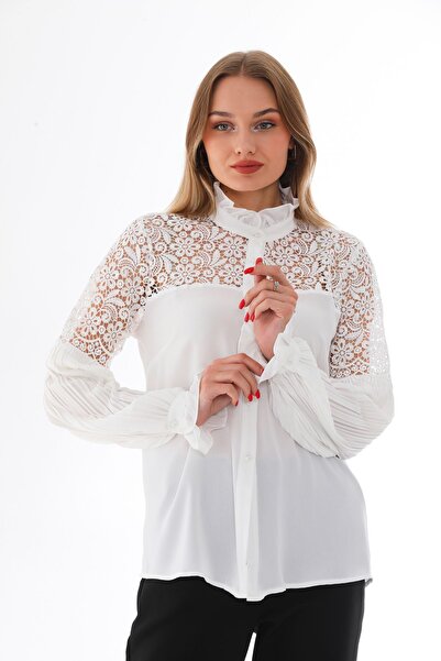 Loom Boutique Büyük Beden Dantel Garnili Piliseli Krep Gömlek G0005