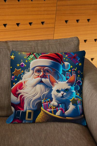 Şah Dekor New Year's Themed Red Blue Colored Digital Printed Throw Pillow Cover with Cat and Santa Claus Figure