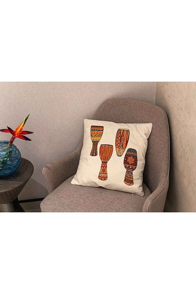 Şah Dekor African Themed Darbuka and Mask Figured Red Yellow Cream Colored 2-Piece Digital Printed Throw Pillow Cover