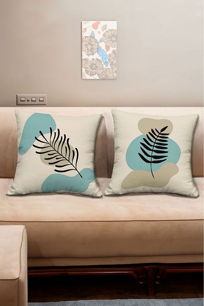 Şah Dekor Flat Art Design Boho Stil Boem Albastru Crem Frunze Colorate Model Imprimat Digital Husă de pernă din 2 piese