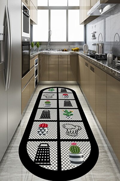 CAPPİO HALI Dama Desenli Oval Mutfak Halısı Makinada Yıkanabilir Kaymaz Deri ...