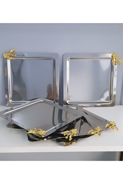 Elzem Paslanmaz Çelik 6 Li Kare Sunum Tepsisi Japon Gül Aksesuarlı Lux
