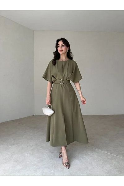 LİBAS فستان متوسط الطول بلون كاكي - مزين بحزام