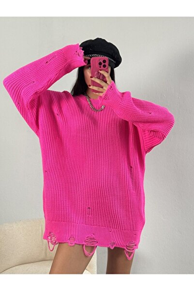 minaaise Pulover de tricotaj supradimensionat lung fucsia rupt 26031