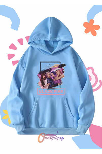 oneagılyazı Çocuk Unisex Blackpink Kızlar Baskılı Oversize Kapüşönlü Sweatshirt