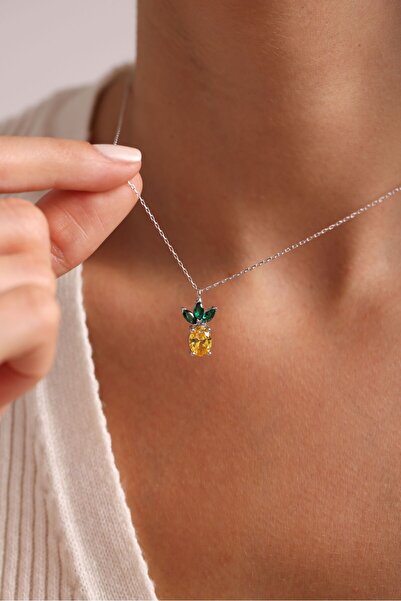 Nereze 925 Ayar Gümüş Rodyum Kaplama Sitrin Taşlı Ananas Kolye