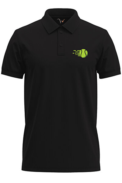 WİDİ Tricou negru cu guler polo din bumbac 100% cu imprimeu pentru rachetă de...